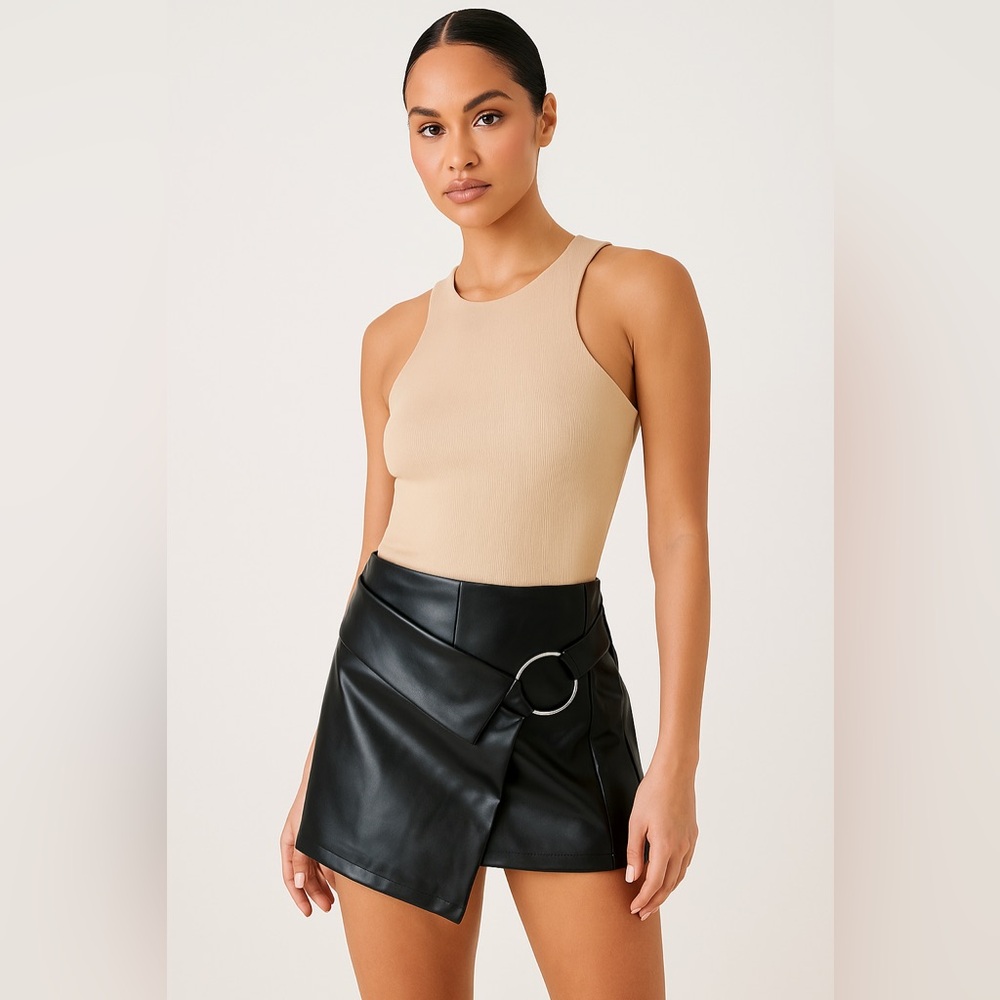 Joe Benbasset Faux Leather Wrap Skort | Black High-Waist Mini Skirt Shorts NWT